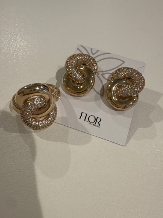 Conjunto - Brinco e anel em nó Luxo cravejado