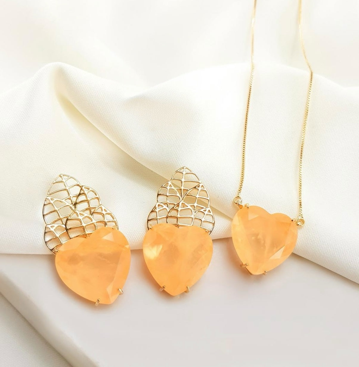 Conjunto - Conjunto Maxi Luxo- Brinco e Colar de Coracao Turmalina laranja