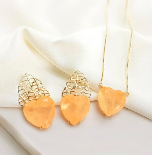 Conjunto - Conjunto Maxi Luxo- Brinco e Colar de Coracao Turmalina laranja