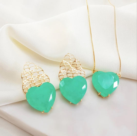 Conjunto - Conjunto Maxi Luxo- Brinco e Colar de Coracao Turmalina Verde esmeralda