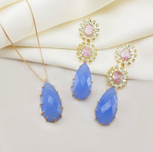 Brinco - Brinco de Flores cravejadas e Gota alongada Lilaz