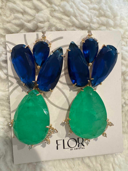Brinco em De Zirconias em Azul Safira e Turmalina Verde esmeralda