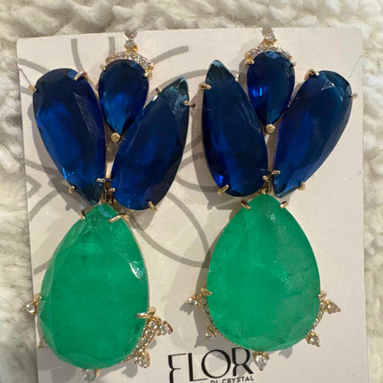 Brinco em De Zirconias em Azul Safira e Turmalina Verde esmeralda