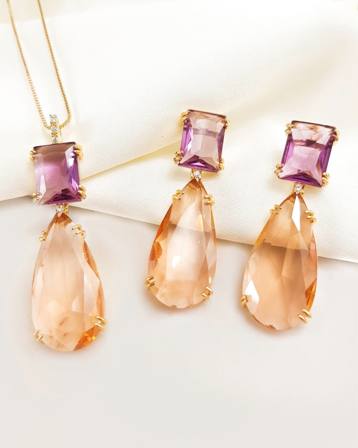 Conjunto - Conjunto Maxi Luxo- Brinco e Colar Gota Ametista e Roxo