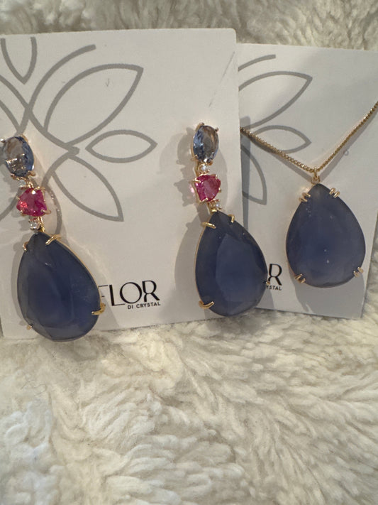 Conjunto - Conjunto colar e brinco Pedraria cristal Ametista e rosa