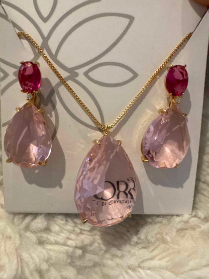Conjunto colar e brinco zirconia rosa e fuchia