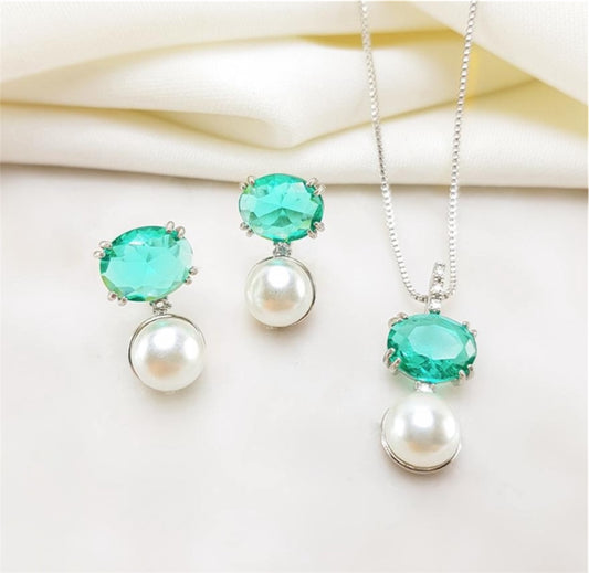 Conjunto - Conjunto de brinco de colar  de perolas com Zirconias verde
