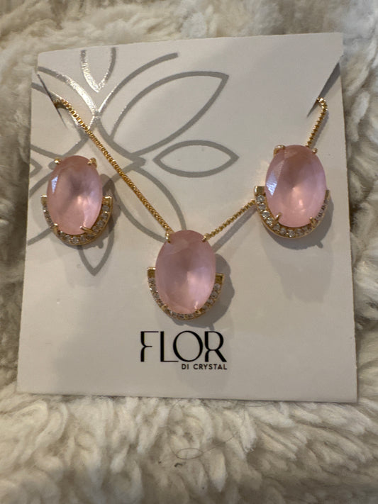 Conjunto - Conjunto colar e brinco em cristal rosa