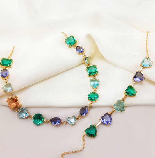 Conjunto - Conjunto de Chocker e pulseira de coracao Verde ametista e morganta
