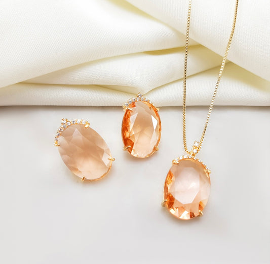 Conjunto - Conjunto colar e brinco em cristal Morganita com cravejado de zirconias