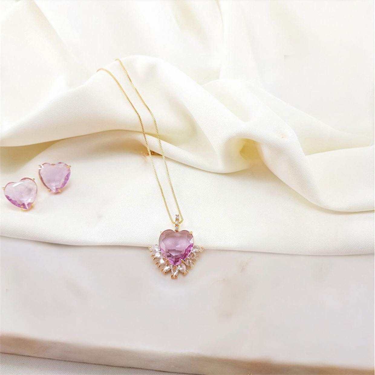 Conjunto - Conjunto colar e brinco cristal Lilaz em coracao