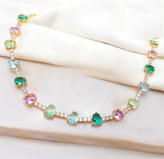 Choker - Rivieira 6mm gota - Rosa verde aqua e cristal