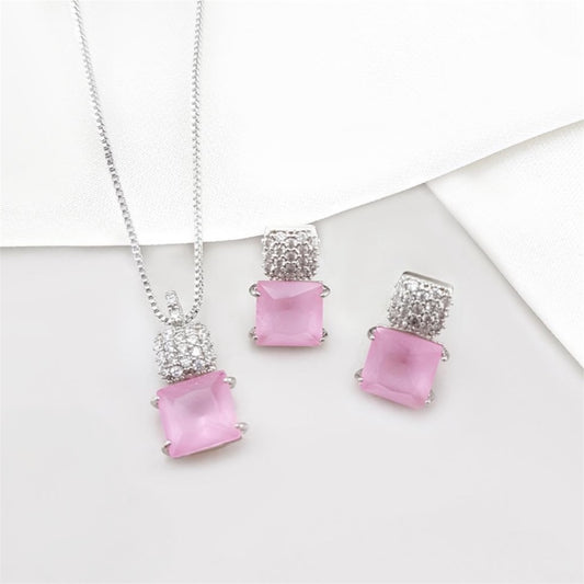 Conjunto - Conjunto de brinco de colar  cravejada rosa com Zirconias