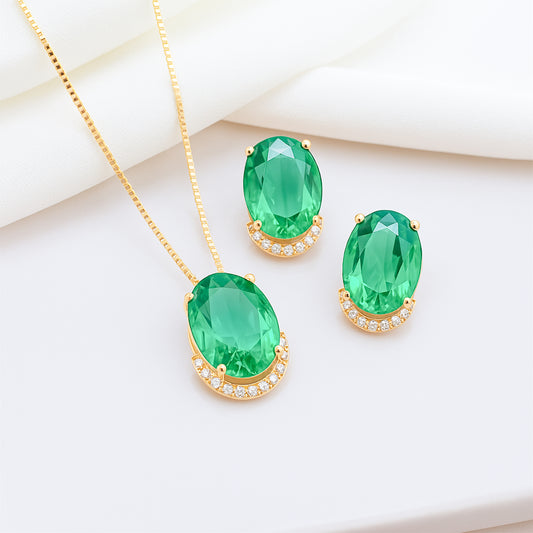 Conjunto - Conjunto colar e brinco em cristal verde esmeralda com cravejado de zirconias