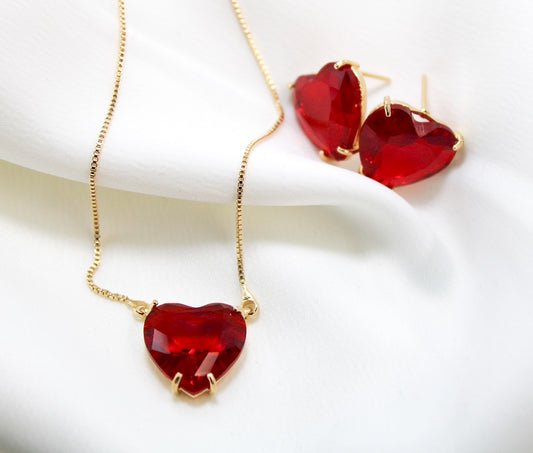 Conjunto - Conjunto colar e brinco  vermelho em coracao