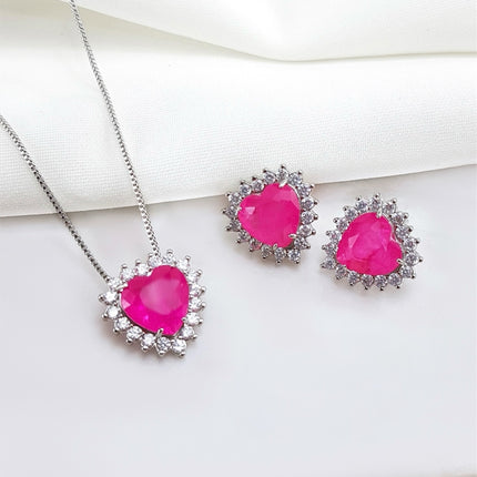 Conjunto de brinco de colar  de coracao fuchia