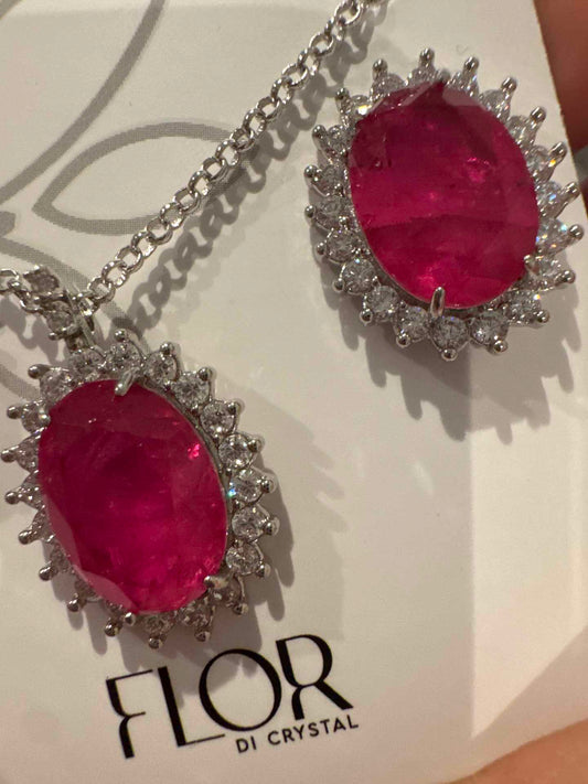 Conjunto - Conjunto colar e brinco em cristal cravejado Pedra fusion Fuchia