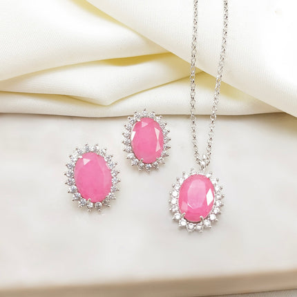 Conjunto colar e brinco em cristal cravejado Pedra fusion rosa