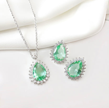 Conjunto de brinco de colar  de gota  Verde cristal