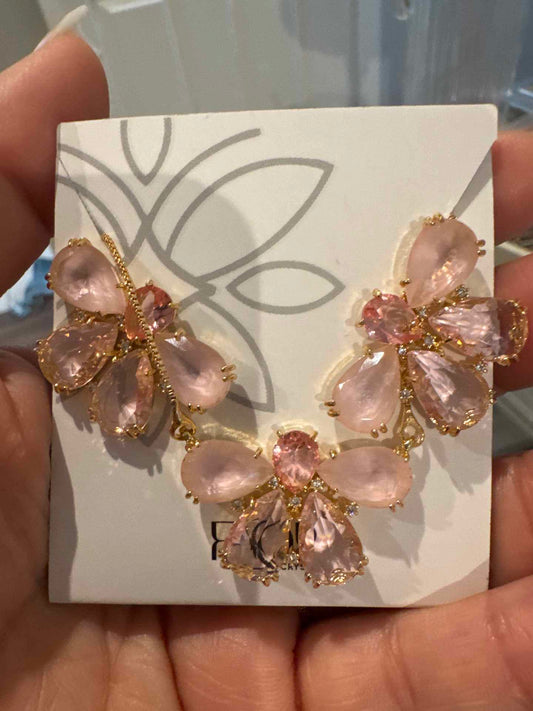 Conjunto - Conjunto colar e brinco Pedraria -Meia Flor rosa cravejada