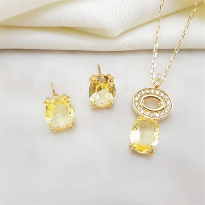 Conjunto colar e brinco cravejado cristal e pedra oval citrino