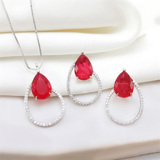 Conjunto colar e brinco gota Cravejado Cristal Vermelho rubi