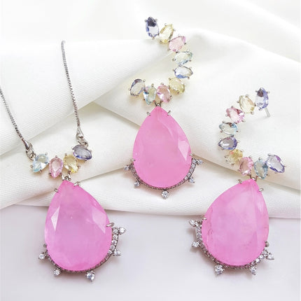 Conjunto de colar e brinco de gota  Paraiba Fusion com detalhe em cristal ametista, rosa, aqua, cotrino