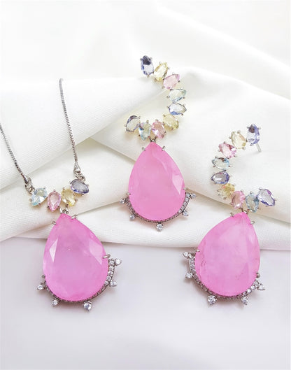 Conjunto de colar e brinco de gota  Paraiba Fusion com detalhe em cristal ametista, rosa, aqua, cotrino