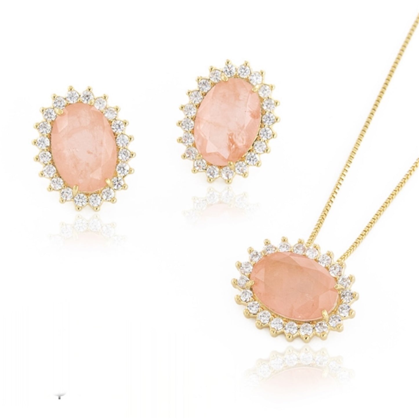 Conjunto - Conjunto de brinco de colar  cravejada pedraria  luxo oval - laranja fusionZirconia roxo ametista e cristal