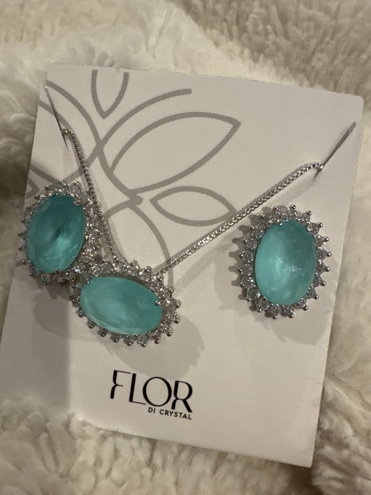 Conjunto - Conjunto de brinco de colar  cravejada pedraria  luxo oval - aqua  Zirconia