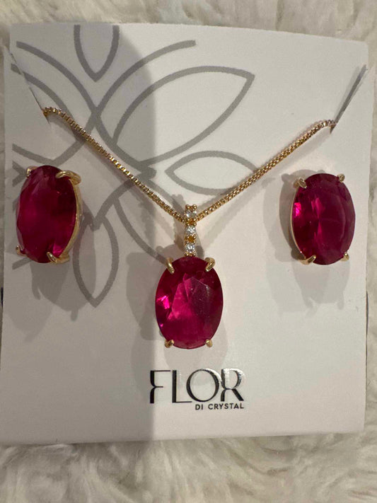 Conjunto - Conjunto de brinco de colar  cravejada pedraria  luxo oval - fuchia