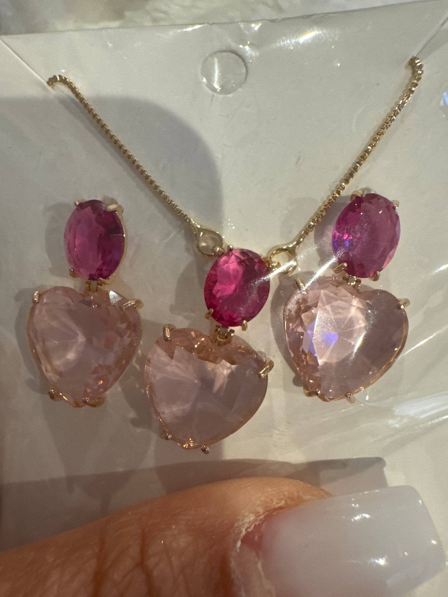 Conjunto - Conjunto colar e brinco - de coracao rosa e pedra oval fuchia