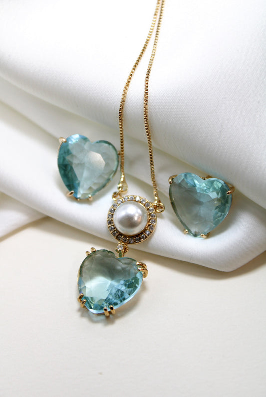 Conjunto - Conjunto colar e brinco - de coracao aqua e detalhe perola