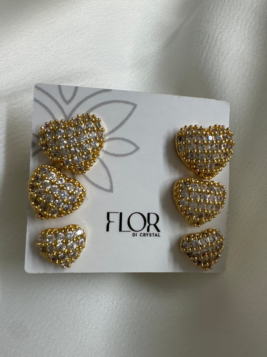 Brinco - Trio Brincos  de coracao cravejado - Gold
