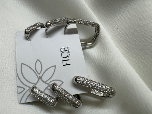 Brinco - Trio Argolas Cravejadas Luxo de quadrado- rodio