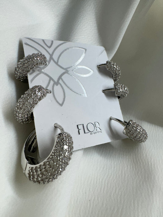 Brinco - Trio Argolas Cravejadas Luxo Maxi -  Rodio