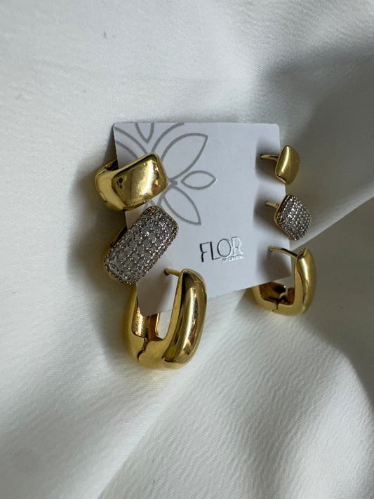 Brinco - Trio Argolas Cravejadas Luxo Maxi - Gold com Rodio Alongado