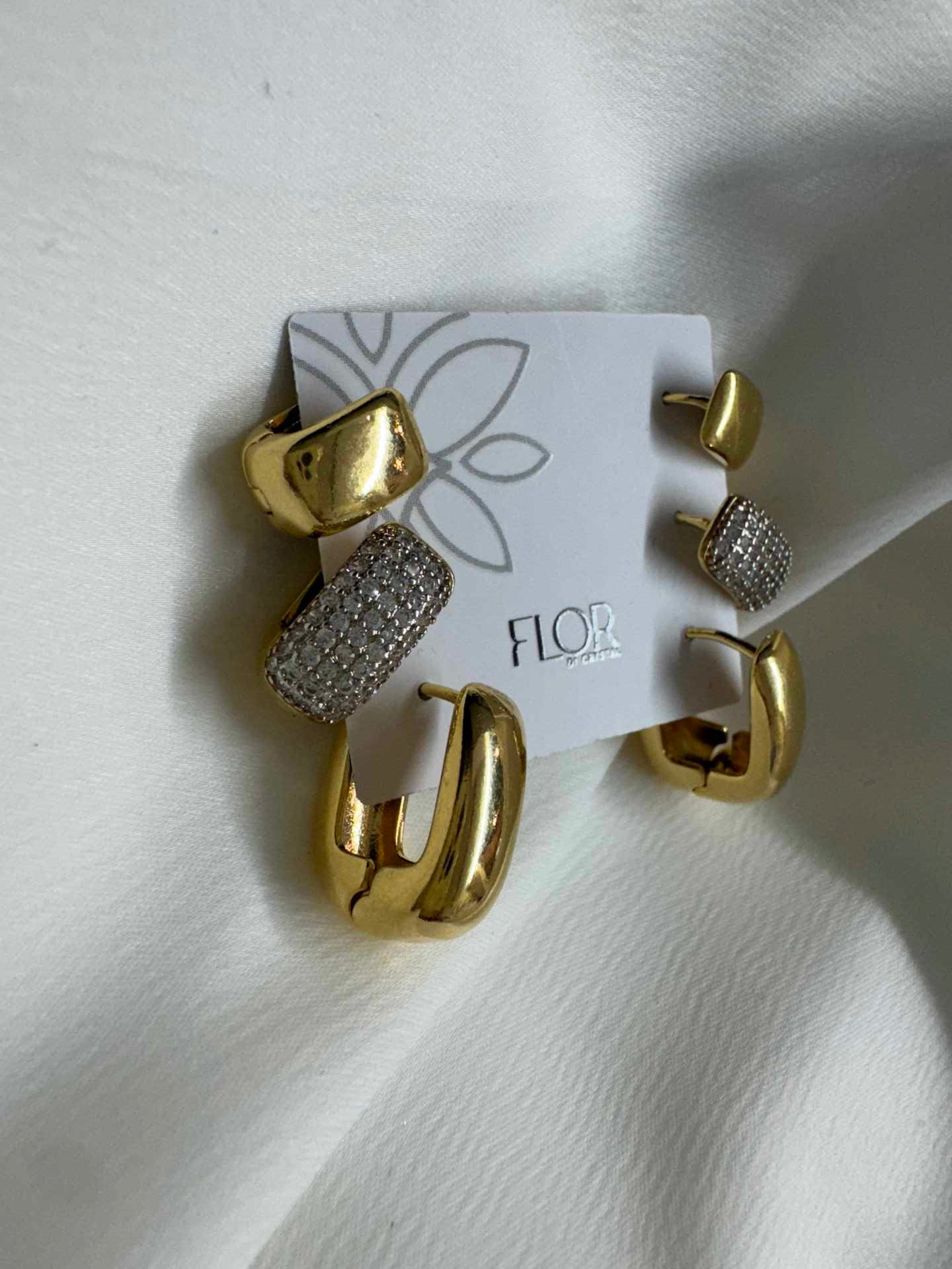 Trio Argolas Cravejadas Luxo Maxi - Gold com Rodio Alongado