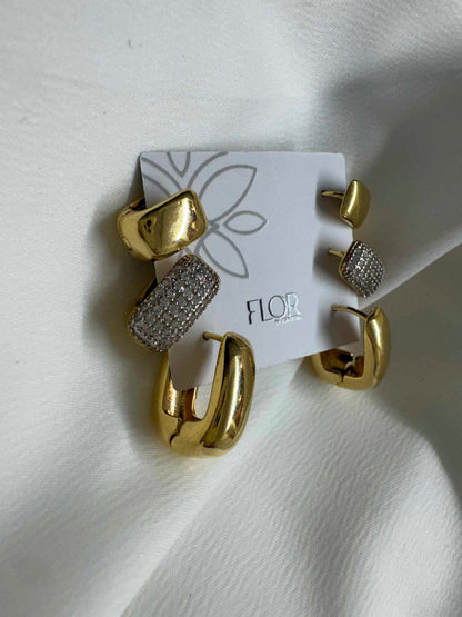 Trio Argolas Cravejadas Luxo Maxi - Gold com Rodio Alongado