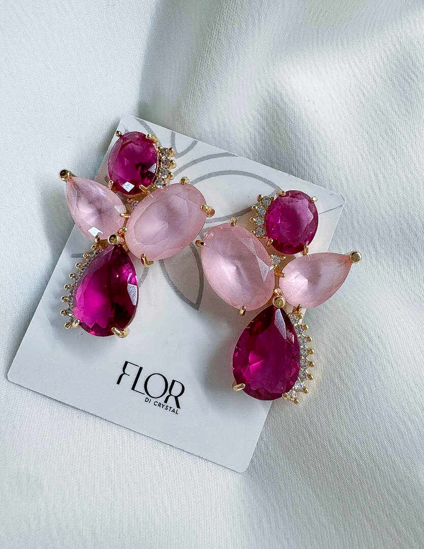 Brinco - Brinco de Folhas em Gota Fuchia e rosa