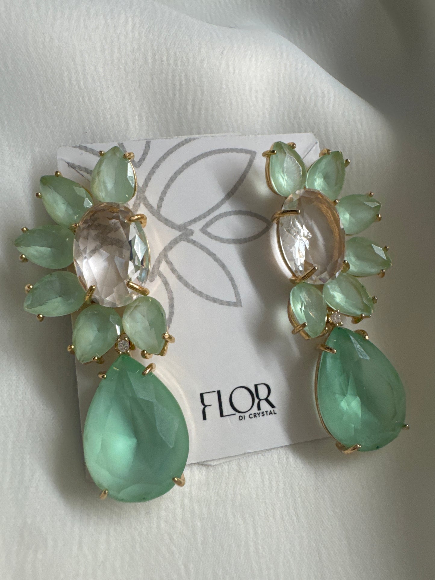 Brinco - Brinco Flor Verde  e cristal -luxo