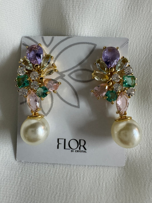 Brinco - Brinco de perola  com flores coloridas