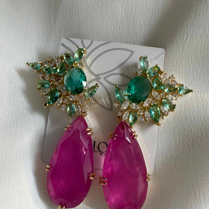 Brinco Azul Turmalina rosa e verde maxi