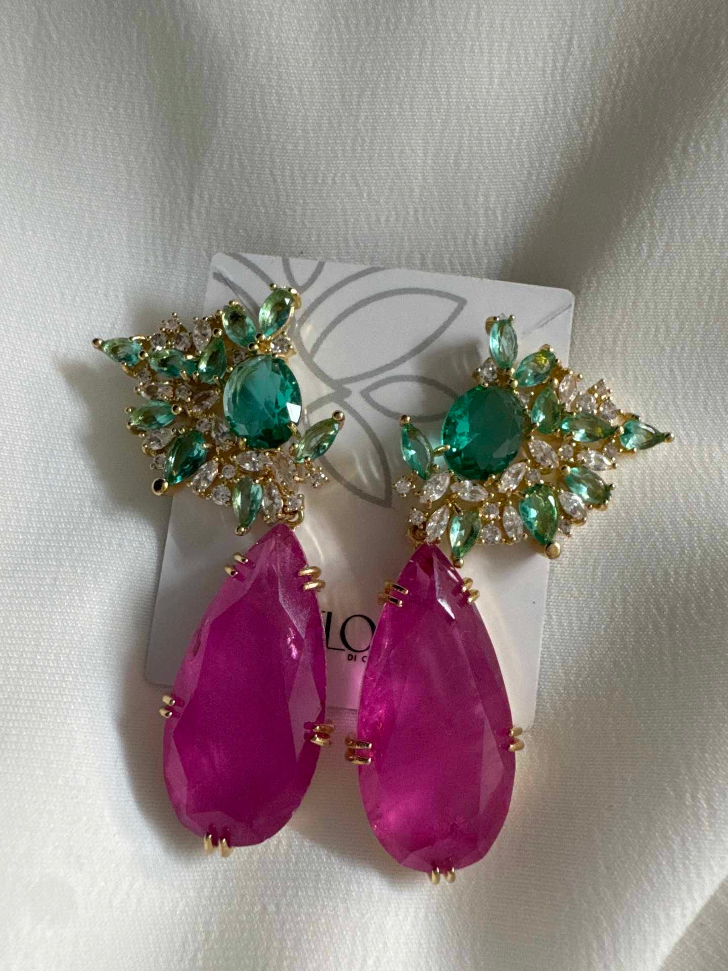 Brinco Azul Turmalina rosa e verde maxi