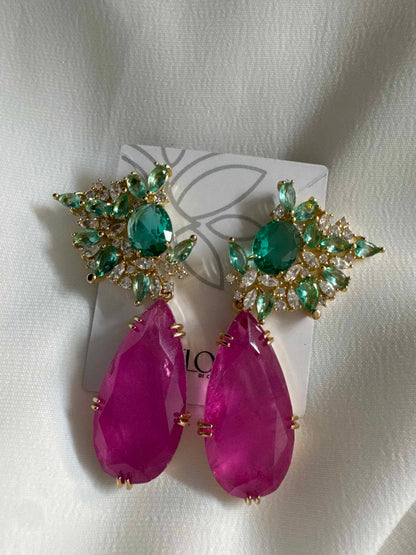 Brinco Azul Turmalina rosa e verde maxi