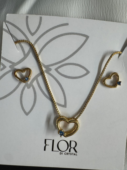 Conjunto - Conjunto delicado de coracao vasado cravejado -AZUL