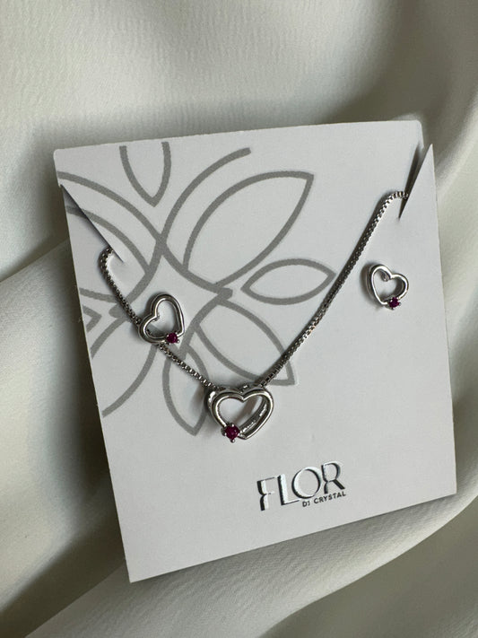 Conjunto - Conjunto delicado de coracao vasado cravejado -ROSA