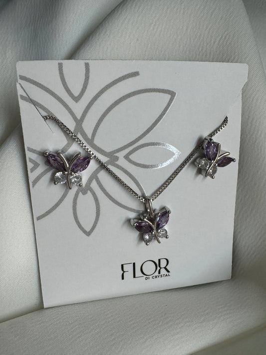 Conjunto - Conjunto delicado de Borboleta cravejada Cristal e lilaz