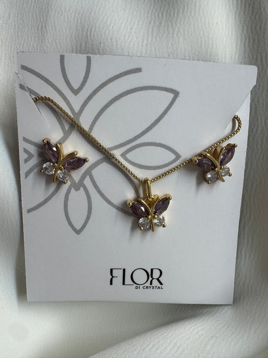 Conjunto - Conjunto delicado de Borboleta cravejada Cristal e lilaz