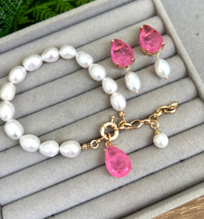 Conjunto de colar pulseira e brinco perolas e Pedra Turmalina Fuchia